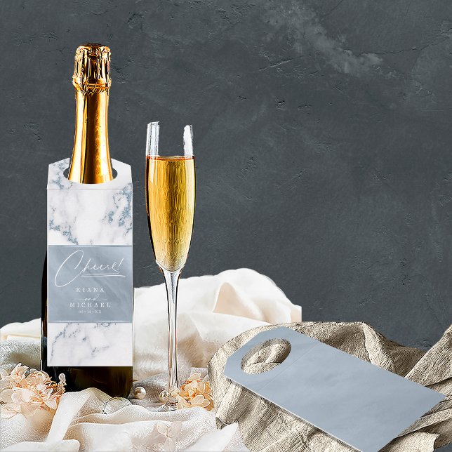 Étiquettes Pour Bouteilles Marbre Moderne Cheers Bleu Poussiéreux ID816 (Front/Back In Situ)