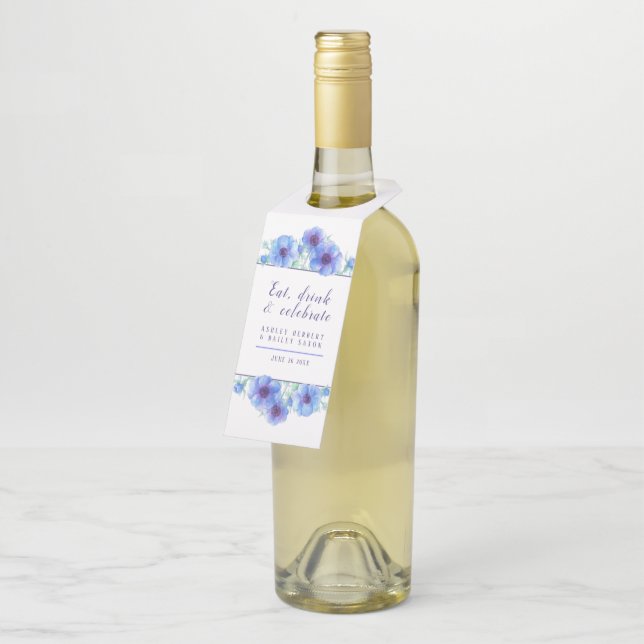 Étiquettes Pour Bouteilles Mariage aquarelle bleu fleur d'anémone (Incliné)