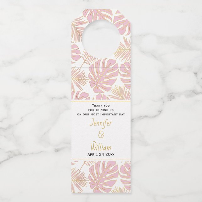 Étiquettes Pour Bouteilles Mariage aux feuilles tropicales rose poudré à pois (Devant)