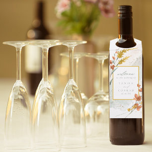 Étiquettes Pour Bouteilles Mariage aux fleurs sauvages aquarelle Bienvenue or