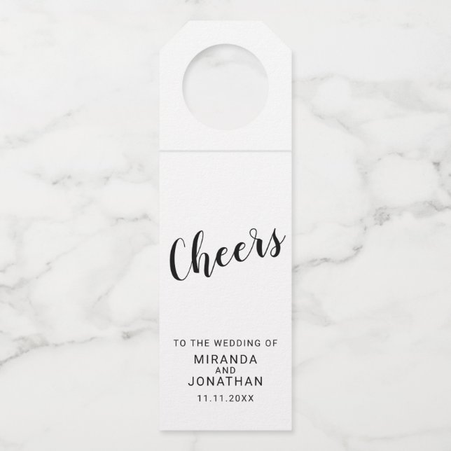 Étiquettes Pour Bouteilles mariage de script moderne 'Cheers' (Devant)