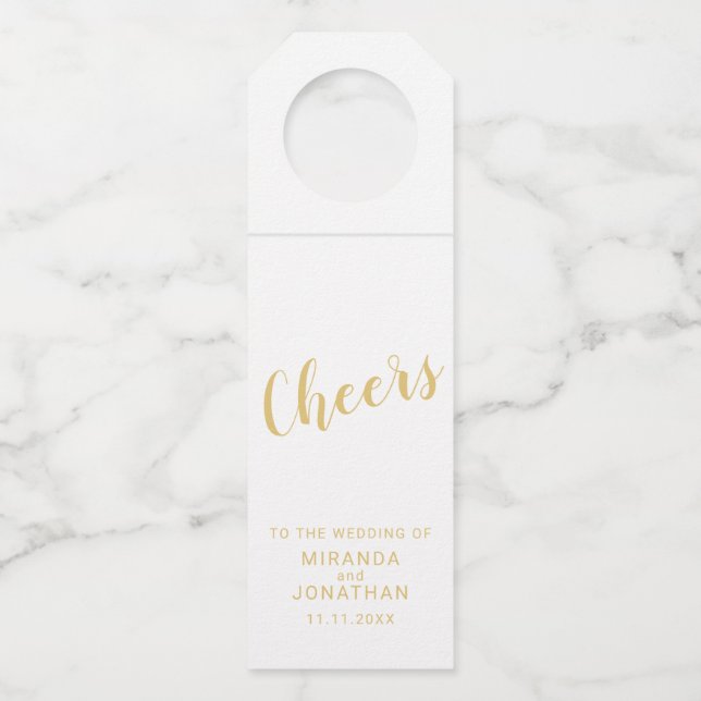 Étiquettes Pour Bouteilles mariage d'or de script moderne 'Cheers' (Devant)