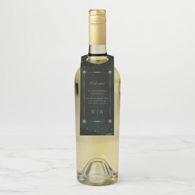 Étiquettes Pour Bouteilles Mariage d'or émeraude céleste (Sur bouteille)