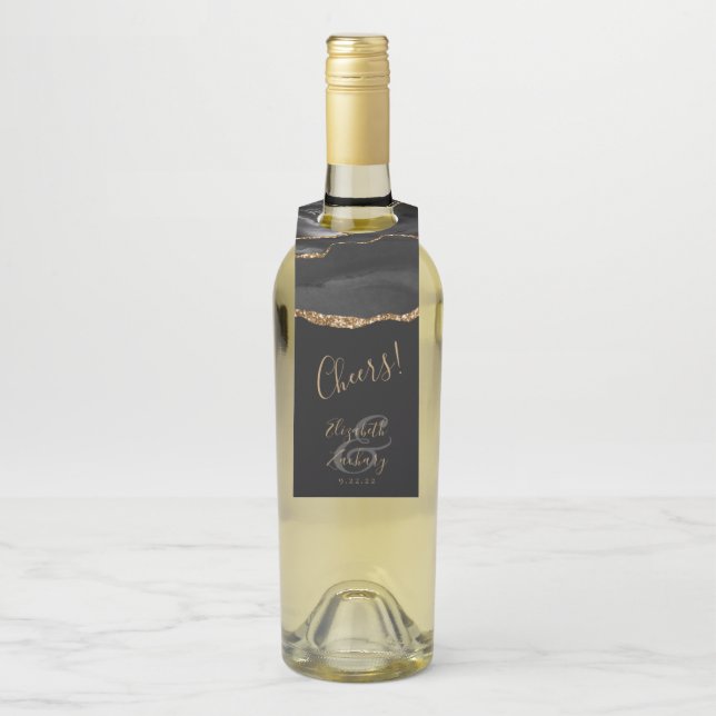 Étiquettes Pour Bouteilles Mariage Élégant Agate Noir Or Sombre À Votre Santé (Sur bouteille)