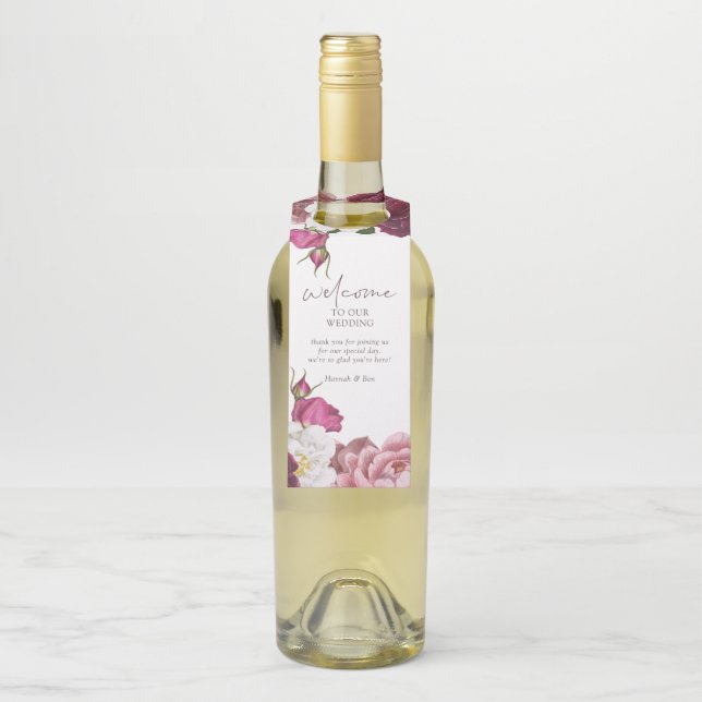Étiquettes Pour Bouteilles Mariage Fleuris Bourgogne Bienvenue (Sur bouteille)