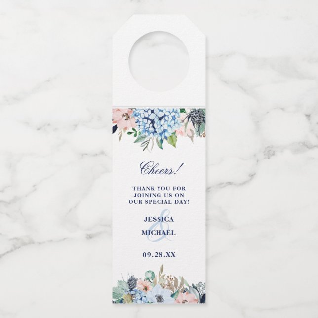 Étiquettes Pour Bouteilles Mariage Floral Aquarelle Rustique Hydrangea (Devant)