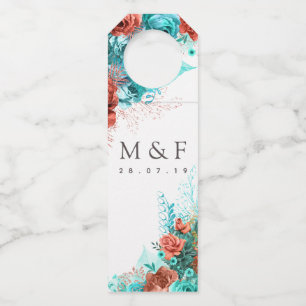 Étiquettes Pour Bouteilles Mariage floral tropical turquoise et corail