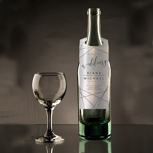 Étiquettes Pour Bouteilles Mariage géométrique métallique Argent/Noir ID648 (Wine Bottle In Situ)