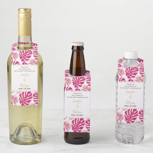 Étiquettes Pour Bouteilles Mariage moderne magenta rose, feuilles tropicales  (En situation)