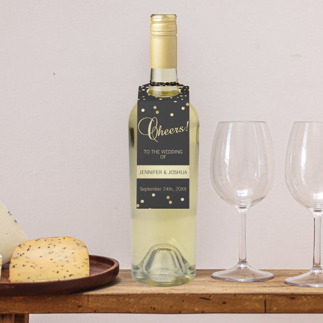 Étiquettes Pour Bouteilles Mariage personnalisé CHEERS Black Gold Confetti (Créateur téléchargé)