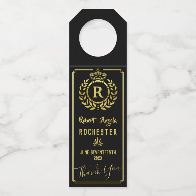 Étiquettes Pour Bouteilles Mariage Royal Crown Laurel Wreath | Noir or (Devant)