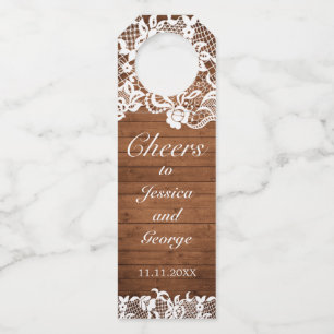 Étiquettes Pour Bouteilles Mariage Rustique Bois & Dentelle Blanche Cheers