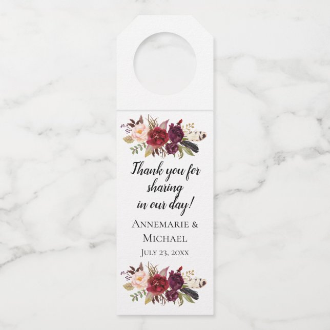 Étiquettes Pour Bouteilles Marsala Bourgogne Bohème Floral Aquarelle (Devant)