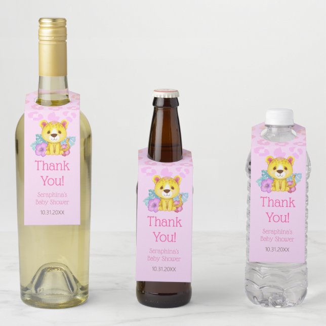 Étiquettes Pour Bouteilles Merci de Baby shower Leopard arc-en-ciel (En situation)