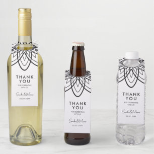Étiquettes Pour Bouteilles Merci fleur noir et blanc minimaliste