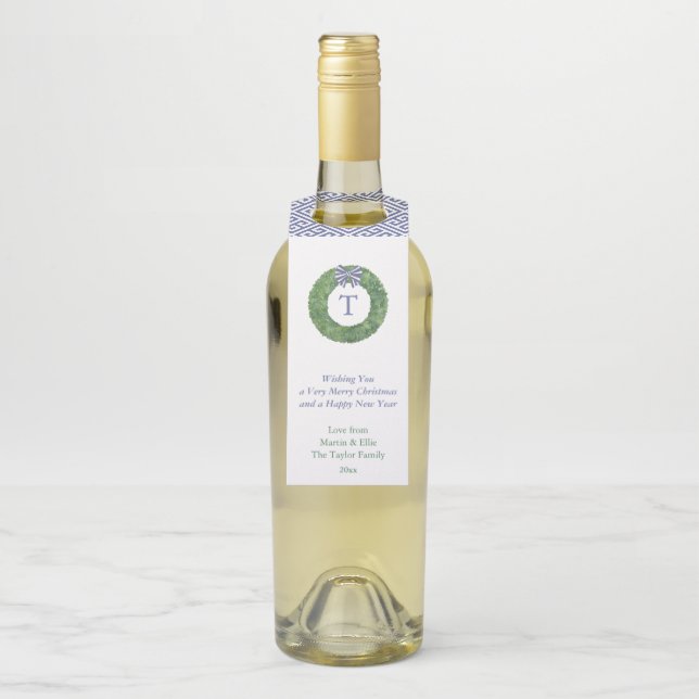 Étiquettes Pour Bouteilles Monogramme couronne Bleu Blanc Bow Joyeux Noël (Sur bouteille)