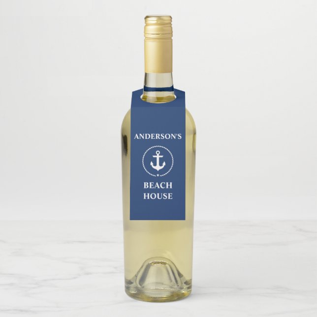 Étiquettes Pour Bouteilles Nautical Beach Nom de la maison Ancre Marine Bleu (Sur bouteille)