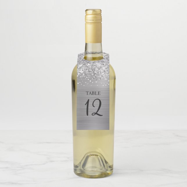 Étiquettes Pour Bouteilles Numéro de table Glittery Silver Glam (Sur bouteille)