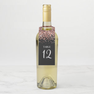 Étiquettes Pour Bouteilles Numéro de table Paillettes Rose Gold et Noir Glam