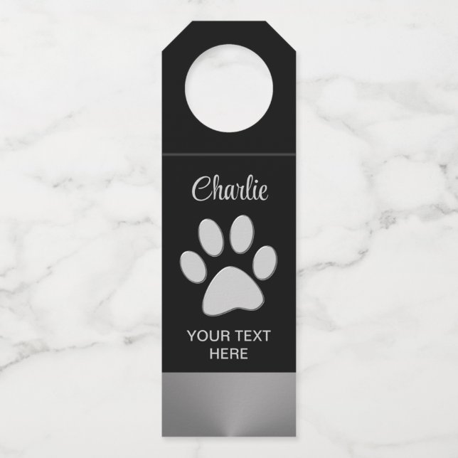 Étiquettes Pour Bouteilles Paw Chien Argent sur arrière - plan noir (Devant)