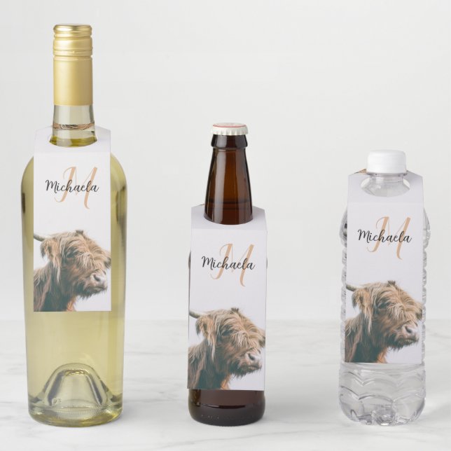 Étiquettes Pour Bouteilles Portrait de vache highland nom personnalisé monogr (En situation)