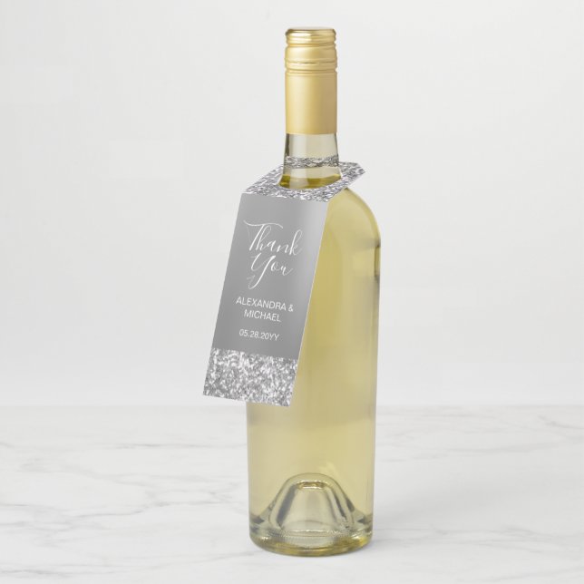 Étiquettes Pour Bouteilles Remerciement de mariage élégant simple argenté pai (Incliné)