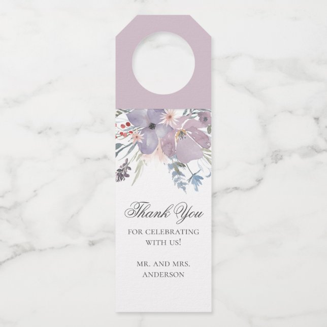 Étiquettes Pour Bouteilles Remerciement de mariage floral. Fleur violette aqu (Devant)