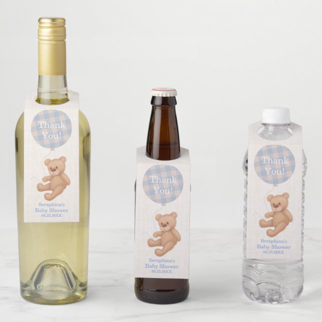 Étiquettes Pour Bouteilles Remerciement pour une Baby Shower Ours en Peluche  (En situation)