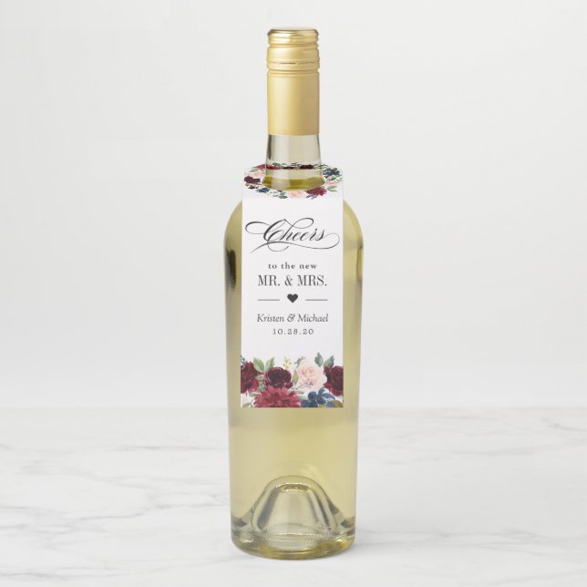 Étiquettes Pour Bouteilles Rouge Bourgogne Fleurs Florales Bleu Mariage Accla (Sur bouteille)