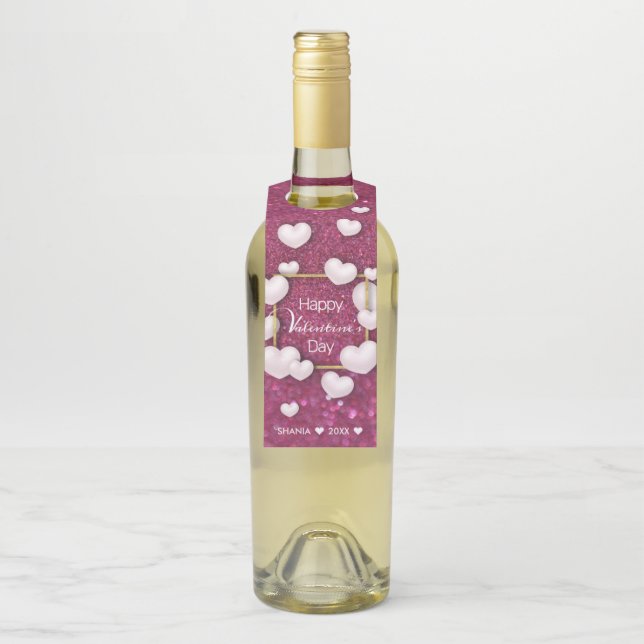 Étiquettes Pour Bouteilles Saint-Valentin Pailleté Burgundy Cœurs Blancs (Sur bouteille)