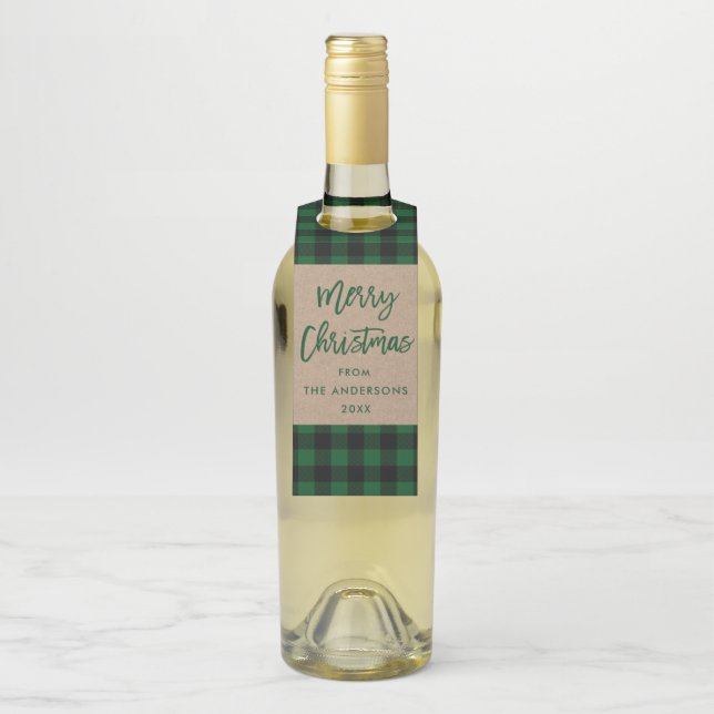 Étiquettes Pour Bouteilles Script de Brève moderne Joyeux Noël Tartan Kraft (Sur bouteille)
