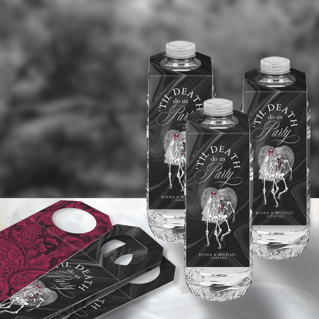 Étiquettes Pour Bouteilles Skeletons gothiques 'Til Death Party Bourgogne ID8 (Front/Back In Situ)