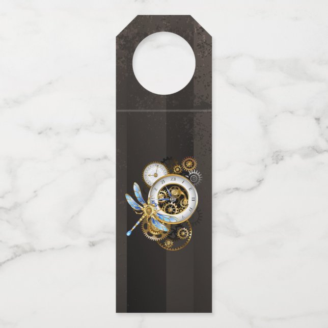 Étiquettes Pour Bouteilles Steampunk Clock with Mechanical Dragonfly (Devant)