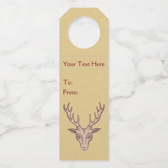 Étiquettes Pour Bouteilles Tête de cerf grandes bois visage noirci tan (Devant)