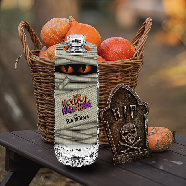 Étiquettes Pour Bouteilles Yeux de Momie Halloween Orange ID685 (Water Bottle In Situ)