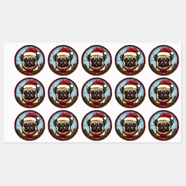 Étiquettes Pug Vitrail de Noël (Feuille)