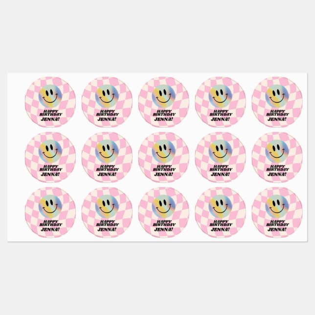 Étiquettes Retro Emoji Souriez Anniversaire Pour Les Filles (Feuille)