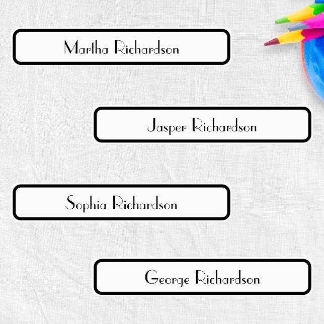 Étiquettes Retro noir et blanc stylish (Stylish name labels for school uniforms and belongings, in black and white with an Art Deco look)