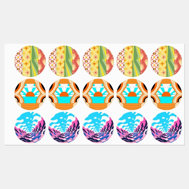 Étiquettes Retro Sunshine Patterns – Bold Colorful  (Feuille)