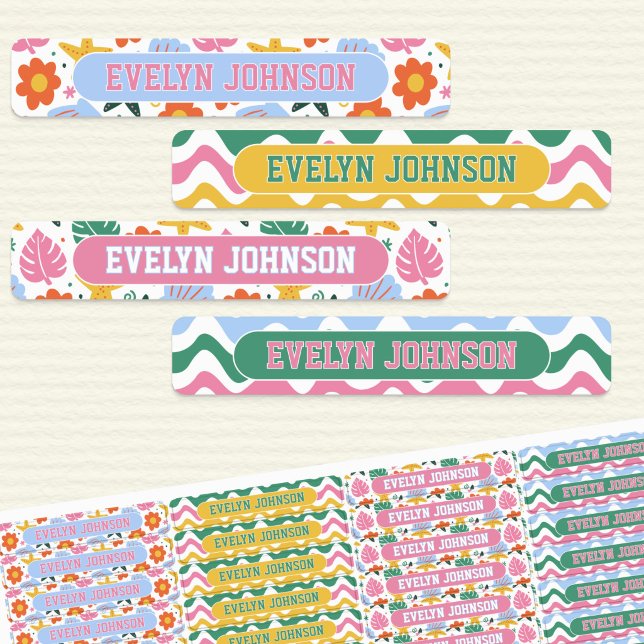 Étiquettes Retro Tropical Starfish & Shells Waterproof Name (Waterproof kids name labels with Bright and Colorful Beach themed pattern)