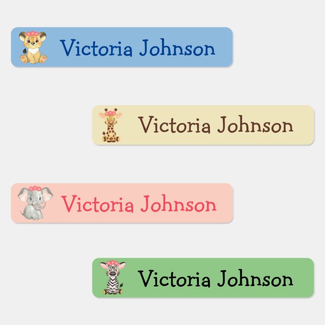Étiquettes Safari Lion Giraffe Elephant Zèbre Nom de la fille (Groupe)