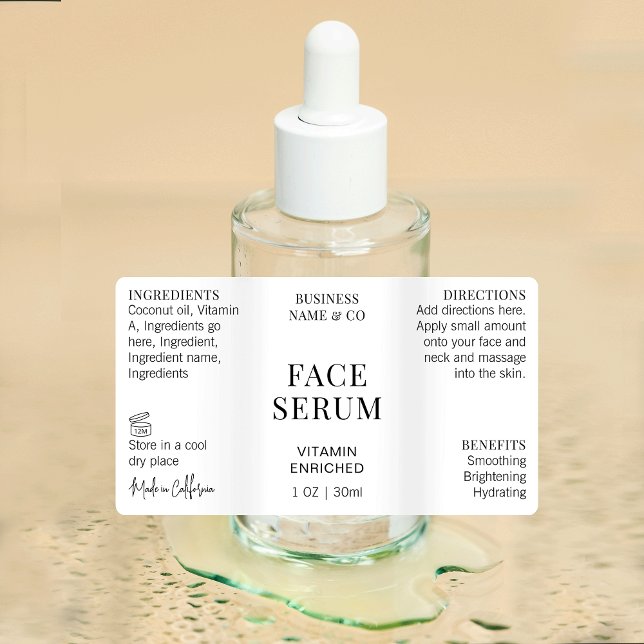 Étiquettes Sérum Minimal Modern pour le visage Flacon 30 ml É (Modern cosmetic bottle wrapper style waterproof label with fully editable text and colors)