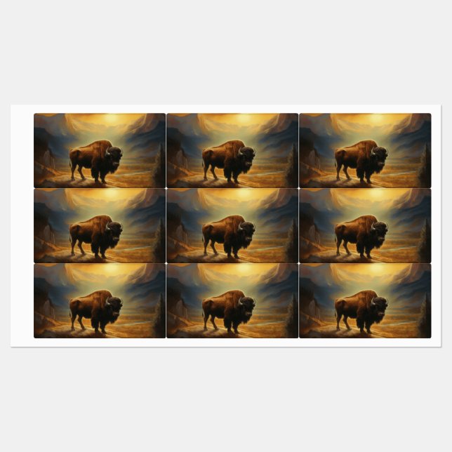 Étiquettes Silhouette du coucher de soleil de bison de buffle (Feuille)