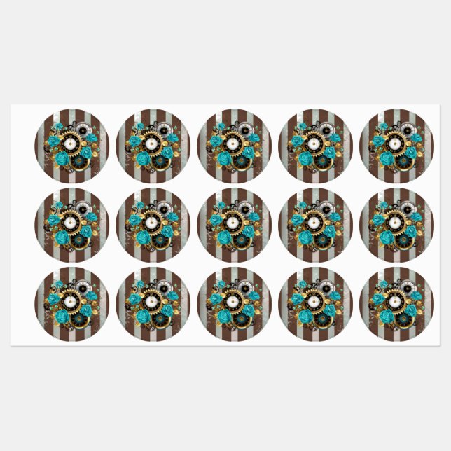 Étiquettes Steampunk Clock and Turquoise Roses on Striped (Feuille)