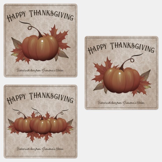 Étiquettes Thanksgiving Citrouille Damask Personnalisé (Groupe)