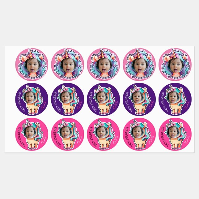 Étiquettes unicorne EDITABLE foto cupcake toppers sticpers (Feuille)