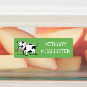 Étiquettes Vache mignonne dans un champ vert dessin animé per