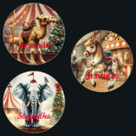 Étiquettes Vintage Christmas Baby Circus Animal Cadeau Tags<br><div class="desc">Noël vintage aux étiquettes cadeaux de cirque. Trois conceptions différentes. Utilisez un,  deux ou trois noms différents. Baby chamel,  baby horse,  et un bébé éléphant.</div>