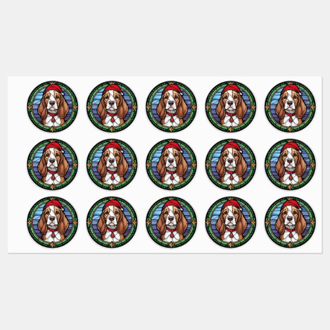 Étiquettes Vitrail de Noël Beagle (Feuille)