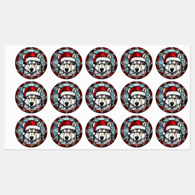 Étiquettes Vitrail de Noël Chien Husky Sibérien (Feuille)